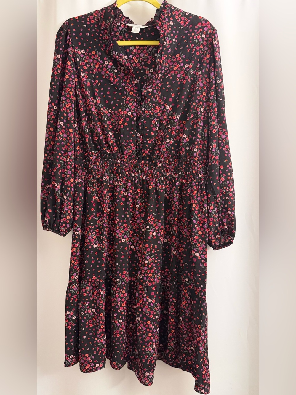 London Times Black Floral Long Sleeve Smocked Waist Dress